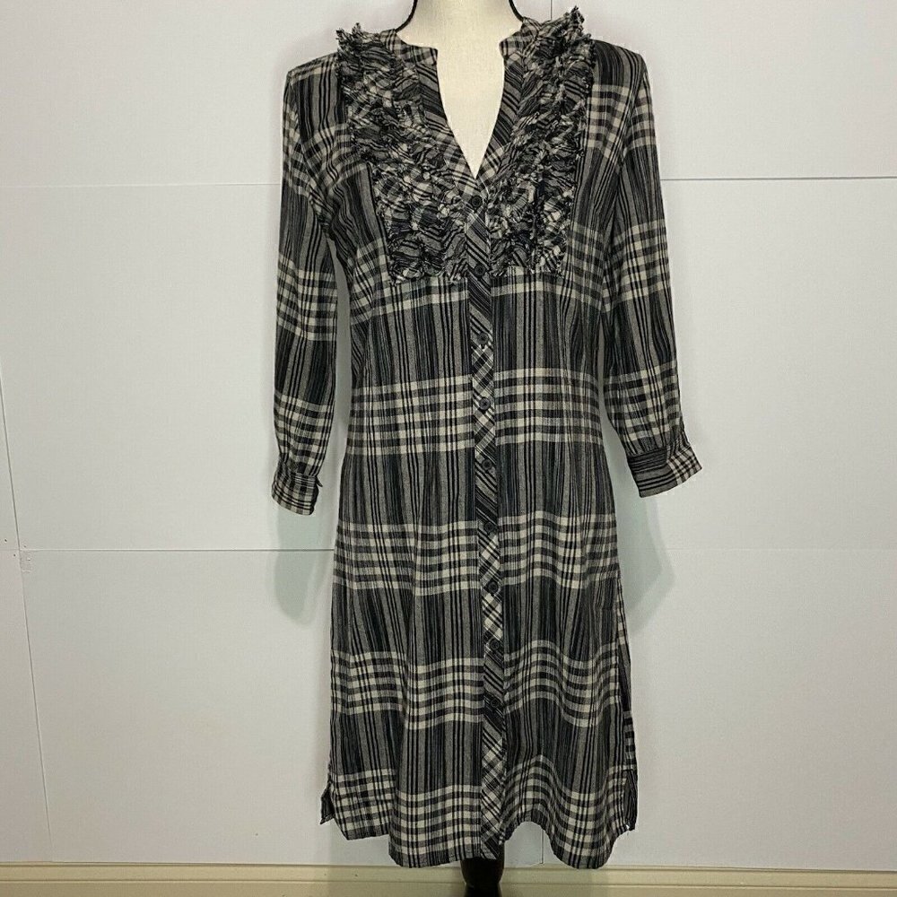 Banana Republic Sz 2 Long Sleeve Button Up Plaid Stretch Shirt Dress Black Brown